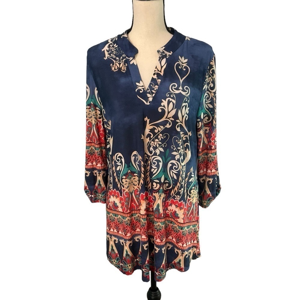 Pink Coconut Boutique Tunic Top Paisley Blue Sz Large Resort Summer 3/4 Sleeve